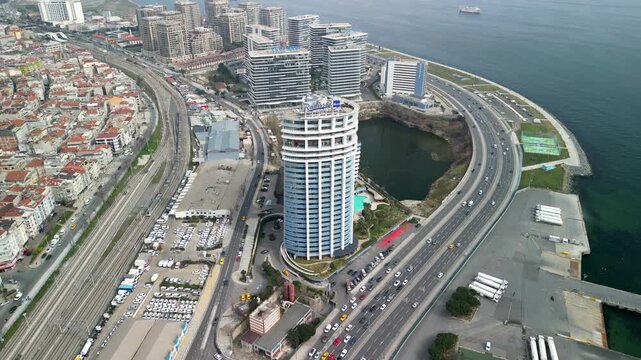 Istanbul/Turkey circa 2023: Radisson Blu Hotel Ottomare and city, fly above