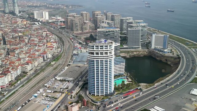 Istanbul/Turkey circa 2023: Radisson Blu Hotel Ottomare and city, rotation shot