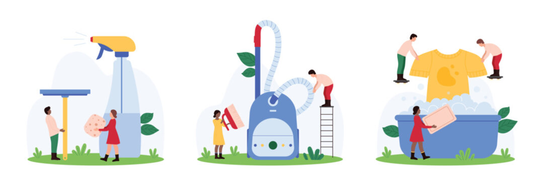 Cleaning service and laundry, cleanup set. Tiny team of professional janitors housekeeping, people work with hoover and brush, detergent spray and squeegee, wash clothes cartoon vector illustration