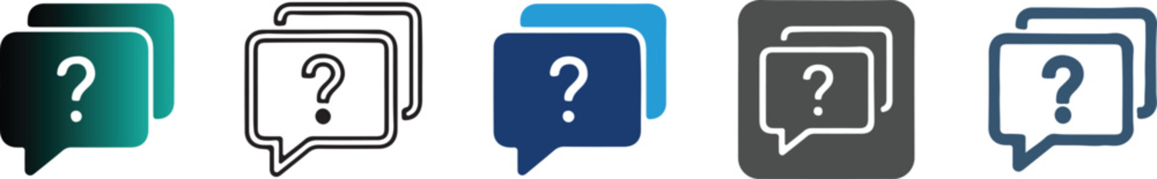 Question mark chat bubble icon set for FAQ and help desk support, isolated vector illustration on transparent background for web and mobile UI design.
