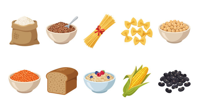 Collection of various healthy carbohydrate foods including grains, pasta, bread, and legumes.