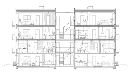 Obraz premium Cross section of a modern multistory residential apartment building with furniture and interior design