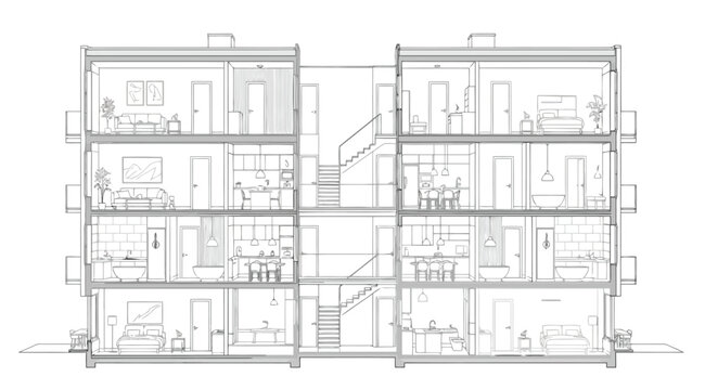 Cross section of a modern multistory residential apartment building with furniture and interior design