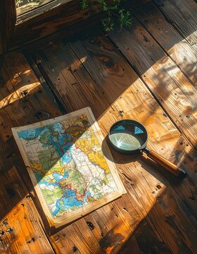 Magnifying glass over vintage map on wooden table dappled with sun outdoors. AI Generative