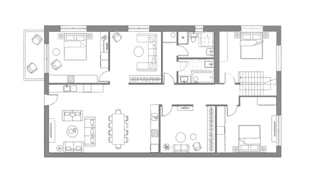 Architectural floor plan of a modern house with furniture layout