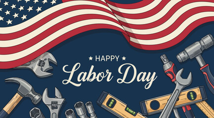 Happy labor day greeting card with american flag and hand tools © Saharia