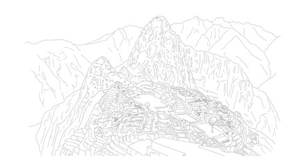 Naklejka premium Machu Picchu outline drawing - Ancient Inca citadel in the Andes mountains, Peru