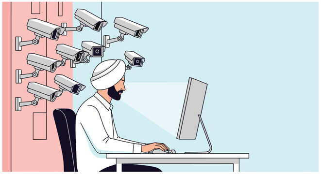 Man wearing a white turban works at a desktop computer while multiple security cameras are pointed directly at his head.