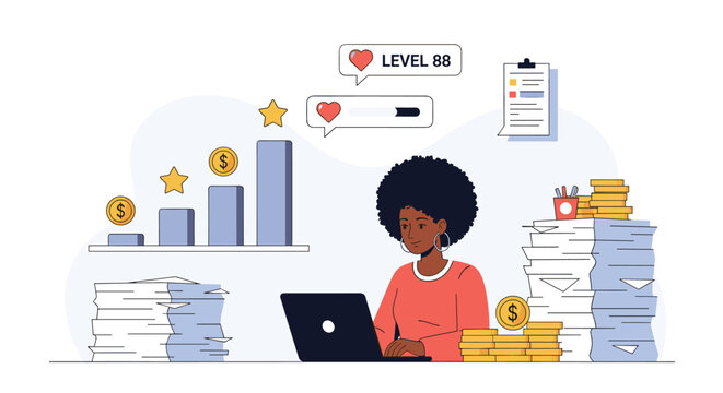 Busy Black woman works on a laptop surrounded by large stacks of paper and gamified achievement levels with coins.