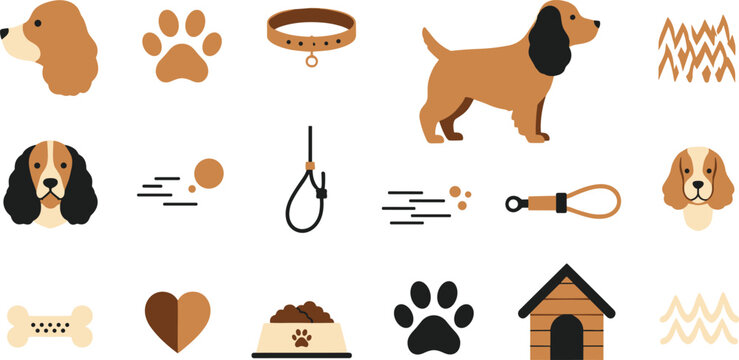 Dog Accessories and Icons: Dogs, Paws, Collars, Bones, Leashes, and Pet Items for Dog Lovers and Pet Care Themes
