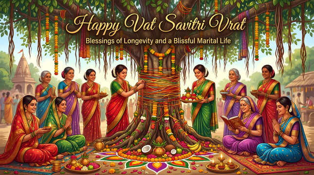 Indian Women Performing Vat Savitri Vrat Ritual Around a Sacred Banyan Tree in a Traditional Village Setting