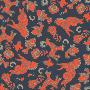 Beautiful folk style animals seamless pattern. Vintage Seamless texture in ethnic style, flowers and plants. Vector illustration