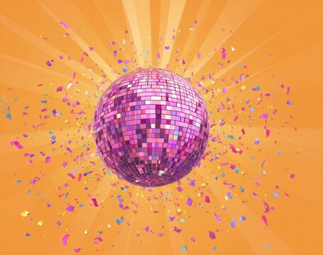 Glittering disco ball exploding with colorful confetti against bright rays