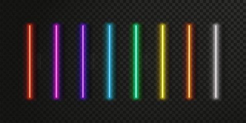 Obraz premium Neon LED tube lines with vibrant rainbow colors glow and beam strips on dark background. Fluorescent bar lamps create stunning electric effects for casino signs and cyber party vector frames.