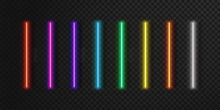 Neon LED tube lines with vibrant rainbow colors glow and beam strips on dark background. Fluorescent bar lamps create stunning electric effects for casino signs and cyber party vector frames.