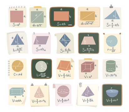 Formula figure set in scandinavian style featuring geometry math education shapes volume area square rectangle triangle circle prism cylinder