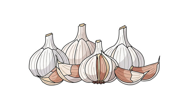 Garlic bulbs and cloves, illustration of white and brown, food and ingredient, kitchen essentials, cooking elements