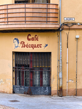 Historic Cafe Becquer In Salamanca, Spain, With Closed Metal Gate And