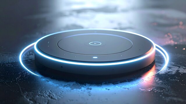 High-tech wireless charging pad or smart home hub mockup with glowing cyan LED ring in dark environment.