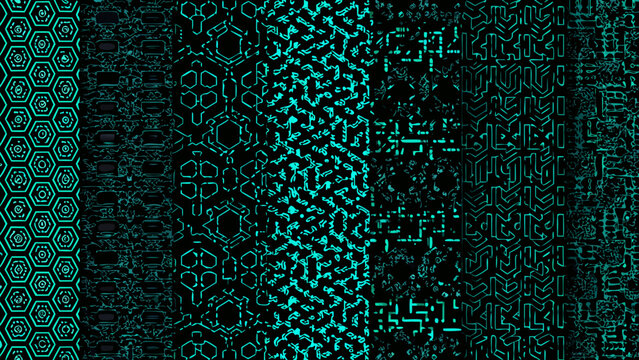 abstract geometric pattern collection with circuit board and hexagonal designs on black background high quality professional detailed modern