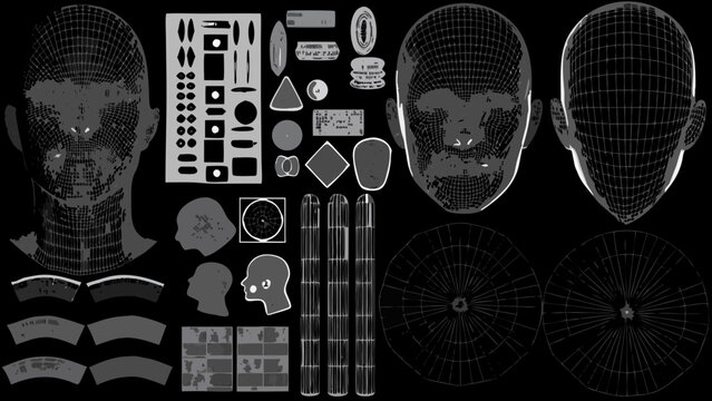 wireframe head kit with various geometric shapes and facial components on a black background high quality professional detailed