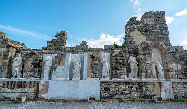 The scenic views of the ancient city of Side, one of the best-known classical sites in the country, include statues, theater, agora, nymphaeum, bath, and a colonnaded street in  Hellenistic, Roman, an