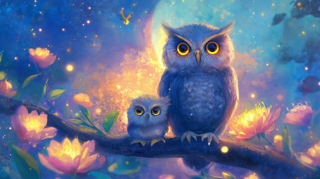 Wise mother owl with two owlets on moonlit branch, magical night forest wildlife illustration, family protection and gentle nature