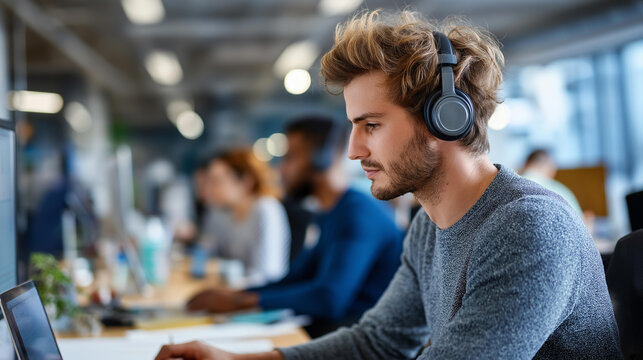 Rear view of a startup team in headphones working at individual desks in a modern open plan tech office, focused startup culture concept, individual contribution, tech company workspace,