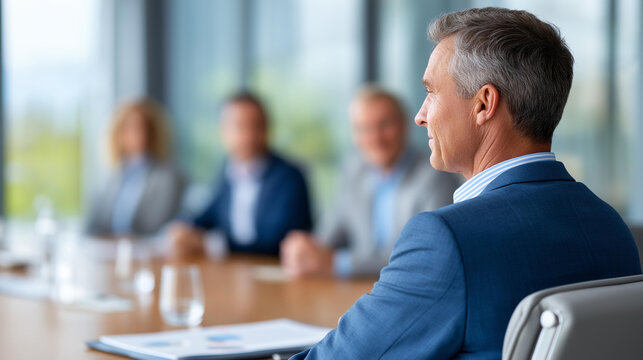 Rear view of a venture capitalist reviewing a printed pitch deck at a meeting table with a startup team opposite, investor meeting concept, fundraising discussion, startup funding,
