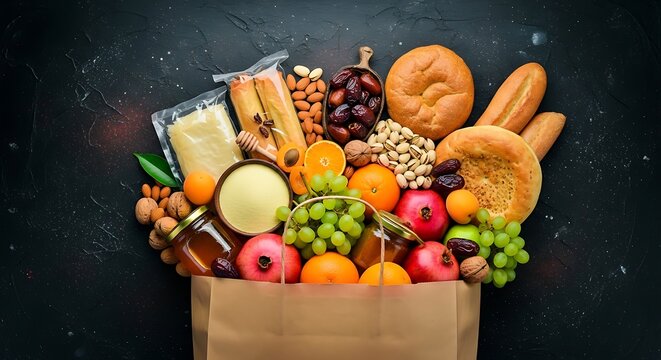 Assorted fresh fruits, nuts, honey, and bread in a paper shopping bag