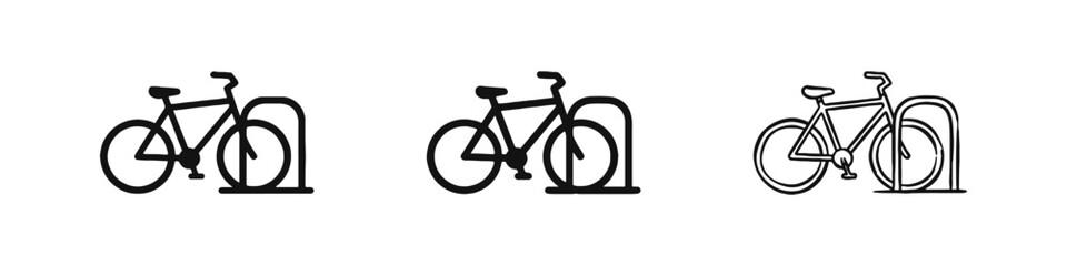 Obraz premium Bicycle parked in a rack icons set, urban cycling and transport symbols