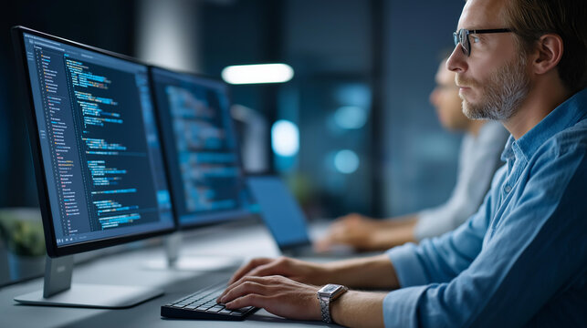 Close-up of two coworkers reviewing code on a dual monitor setup in a dark tech startup office, software development concept, programming team collaboration, tech startup culture, defocused
