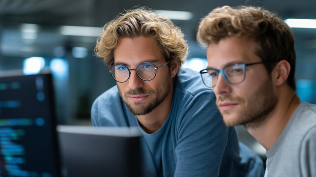 Close-up of two coworkers reviewing code on a dual monitor setup in a dark tech startup office, software development concept, programming team collaboration, tech startup culture, defocused