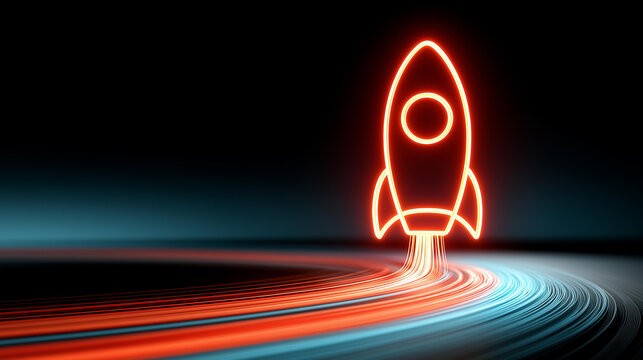 Close-up of a glowing neon rocket icon surrounded by light trails on a dark background, rapid startup growth concept, business speed symbol, entrepreneurship energy, defocused background,