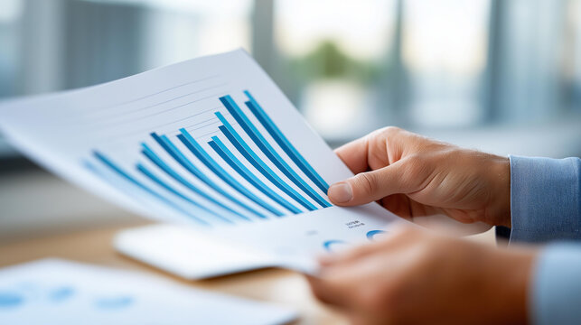Close-up of a hand holding a printed startup pitch deck open to an investment growth slide, fundraising presentation concept, venture capital meeting, startup financial story, defocused