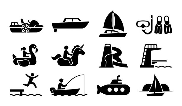 Beach and Water Leisure Silhouette Icon Set &ndash; Pedal Boat Sailing Fishing Aqua Park Holiday Collection