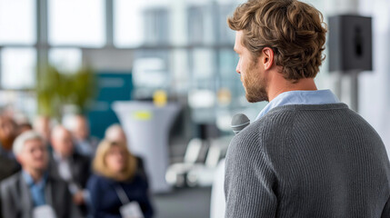 Obraz premium Rear view of an entrepreneur pitching to a small panel of seated investors, startup pitch event concept, funding presentation, persuasive business communication, defocused background, with