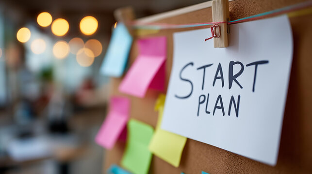 Close-up of a printed business plan pinned to a corkboard with colorful sticky notes and strings connecting ideas, startup roadmap concept, entrepreneurship visual planning, founder's wall,