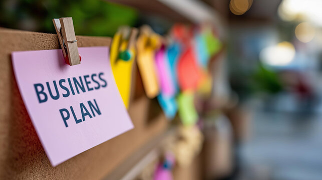 Close-up of a printed business plan pinned to a corkboard with colorful sticky notes and strings connecting ideas, startup roadmap concept, entrepreneurship visual planning, founder's wall,