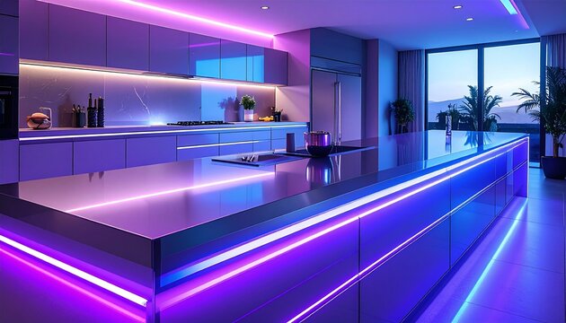 Ultra futuristic kitchen close-up with sleek metallic countertops, blue-purple neon LED lighting, reflective surfaces, cinematic soft glow, clean minimal composition, photorealistic 8K, no people