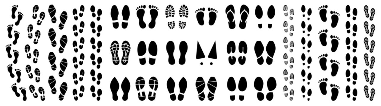 Footprints human big icon set. Foot imprint, footsteps icon collection. Human footprints silhouette. Male and female tracks. Barefoot, sneaker and shoes footstep icons. Vector illustration