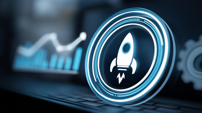 Close-up of startup concept icons &mdash; rocket, lightbulb, gear, graph &mdash; glowing on a dark blue virtual interface, digital startup ecosystem concept, entrepreneurship symbol set, with copy space