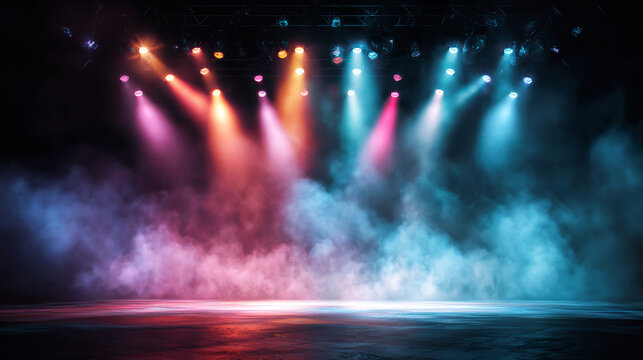 Performance stage set with dramatic lighting, vibrant spotlights, smoke effects, and haze creating an exciting event environment