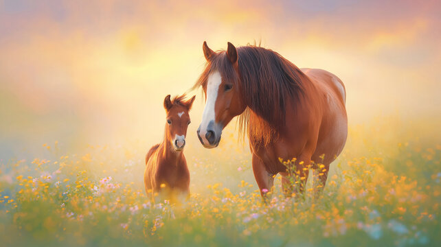 Graceful mare standing with foal in wildflower meadow at golden sunset, tender horse family scene, nature love and protection