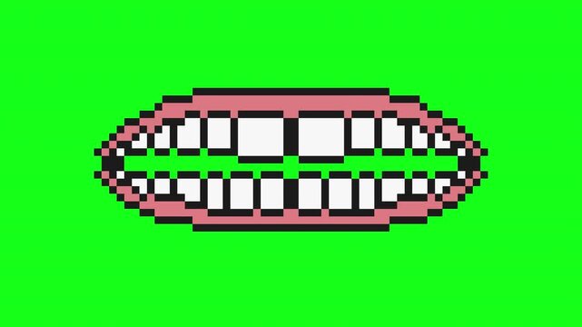 Pixel art teeth bite animation with opening and closing mouth motion. Loop sequence for character actions, game visuals and expressive interface design on green background.