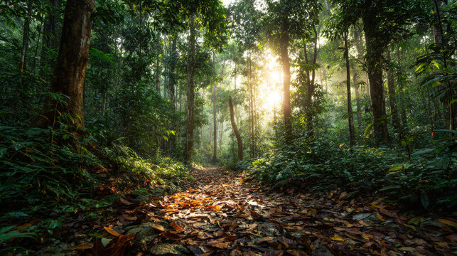 Forest path winding through dense tropical vegetation, sunbeams breaking through the trees, casting a golden glow on the ground