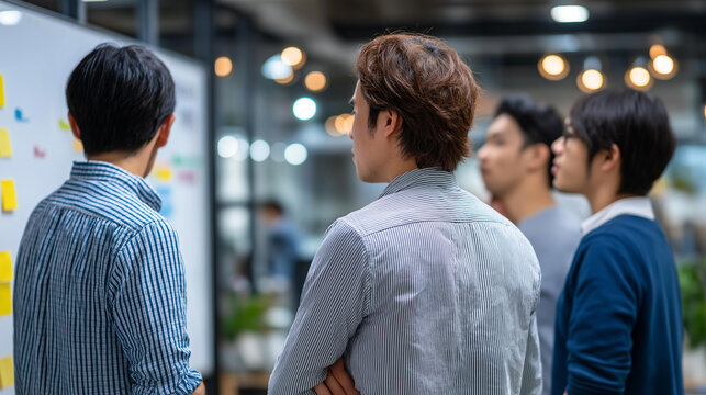 Rear view of a group of Asian business entrepreneurs discussing project roadmaps in a modern office, startup planning concept, cross-functional team meeting, product development strategy,