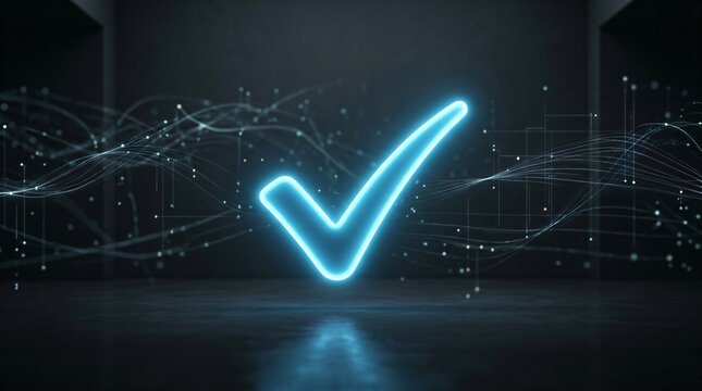 Glowing blue checkmark icon hovering above dark surface. Digital confirmation symbol representing task completion and success. Technology interface element for validation and feedback concept.