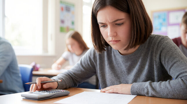 student exam calculator test classroom stressed girl caucasian white teenage girl with dark bob hair in gray sweater using calculator and pencil on test paper with frowning focused expression