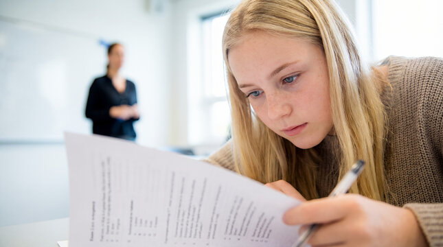 student exam test paper reading concentrating girl blonde caucasian teenage girl with long blonde hair in beige knit sweater reading exam paper with pen while teacher stands at whiteboard behind
